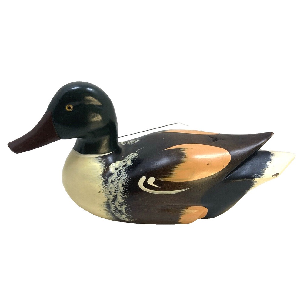 Vtg Solid Wood Duck Decoy w/ Glass Eyes 14" Beautiful Hand Painted